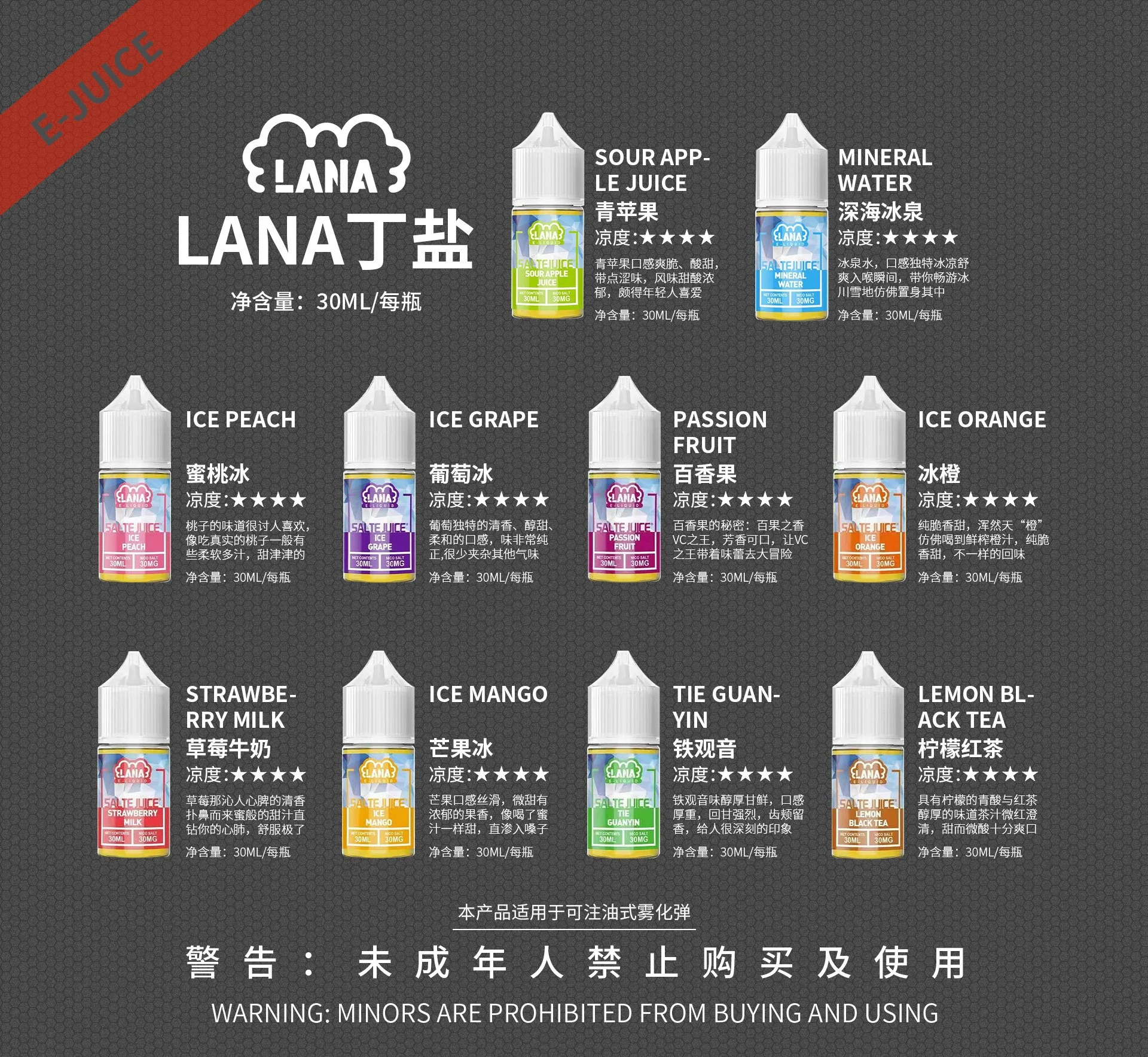 LANA 煙油 30ml 小煙專用尼古丁鹽全口味系列展示.webp